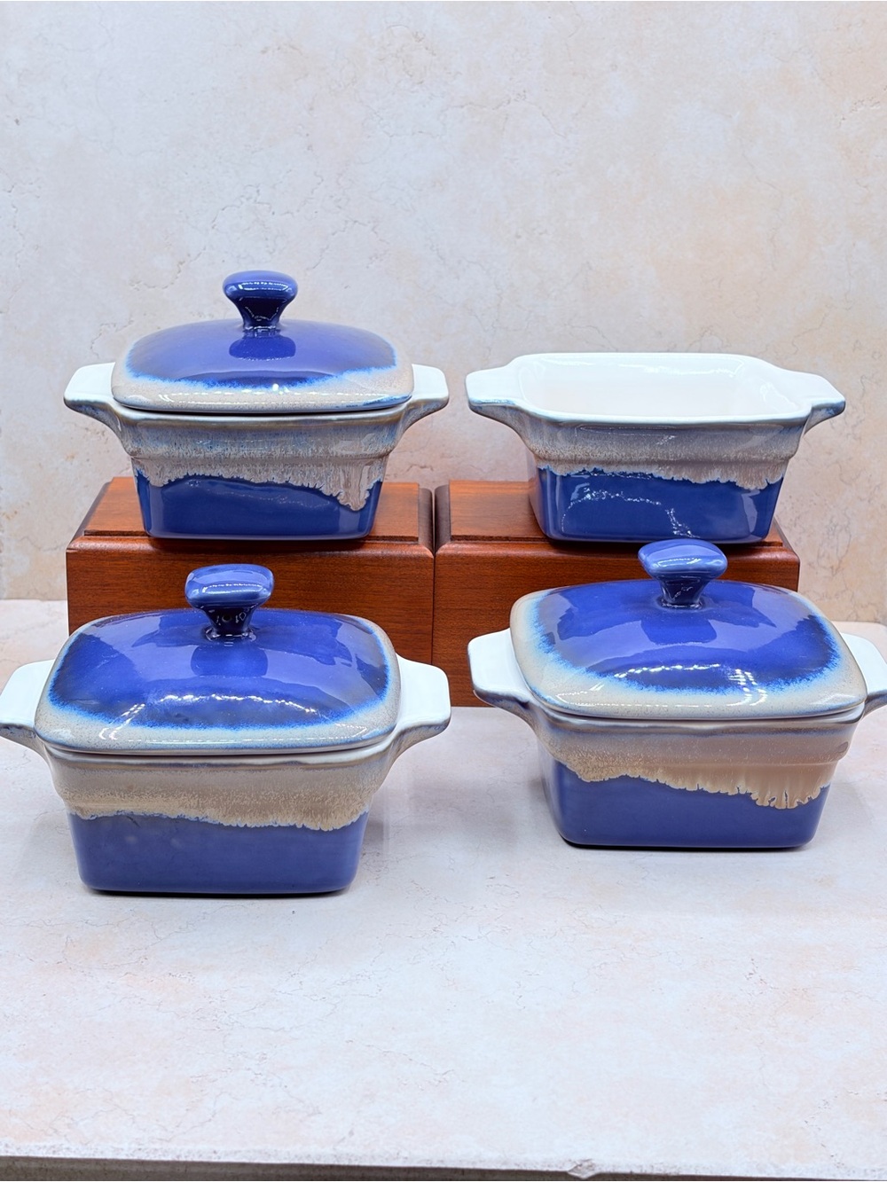 Lovecasa Stoneware Individual Casserole With Lid ( 3 Available) Blue and Beige